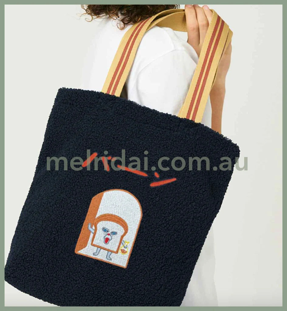 Bread Dorobo | Tote Bag 36*37*10Cm 面包小偷 羊羔毛 刺绣托特包/手提袋 海军蓝