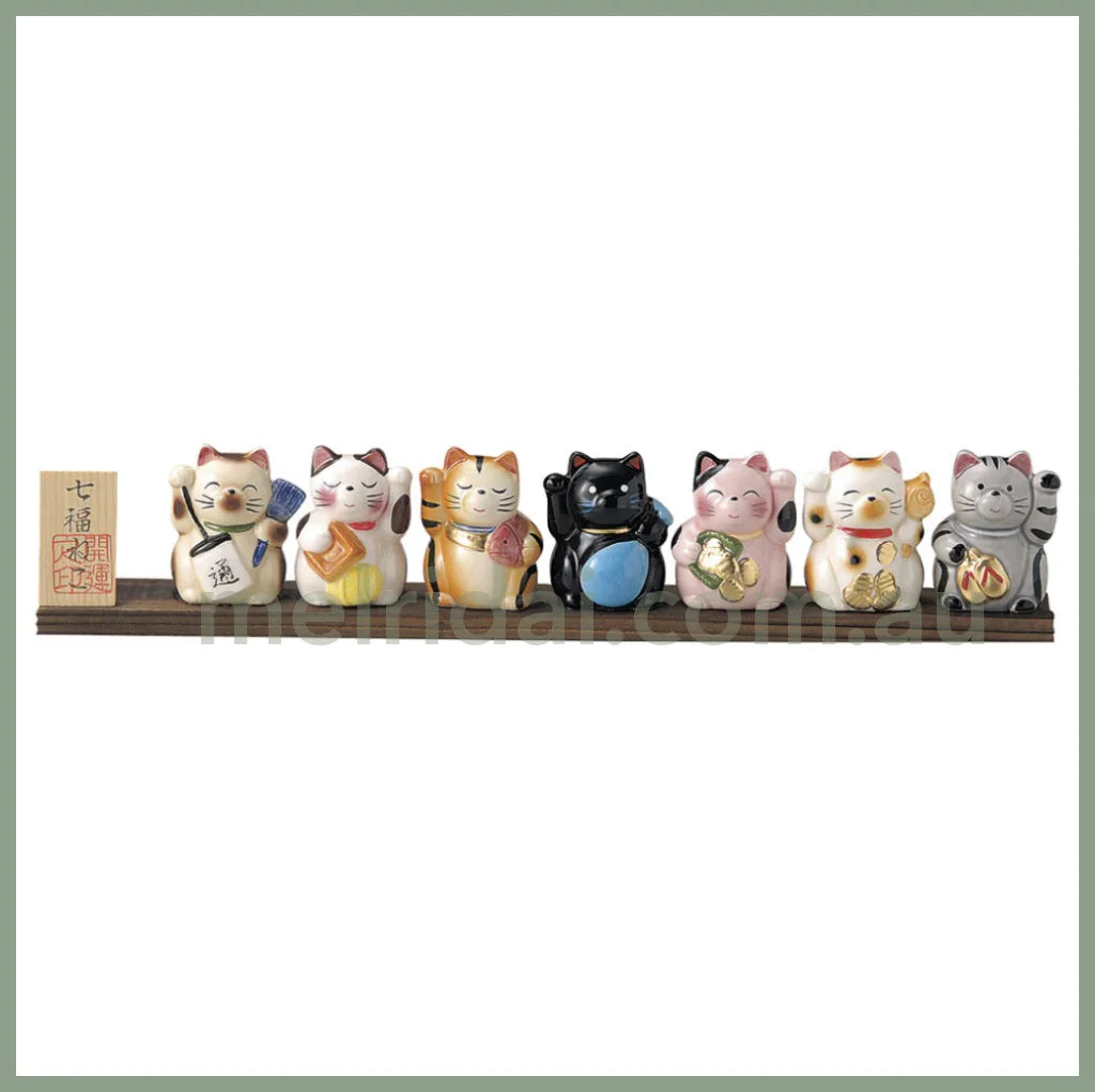 Castle Enterprise | Seven Lucky Cats And Board 37.5×4×7.2Cm 日本陶瓷 七只招财猫摆件