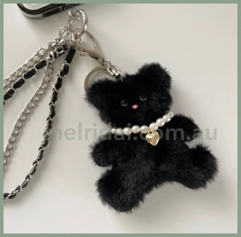 Me% | Stuffed Toy Charm 9.8×8.5Cm 日本毛绒小熊/金属爱心珍珠项链 扁扁小熊挂件/包挂/钥匙链 Black