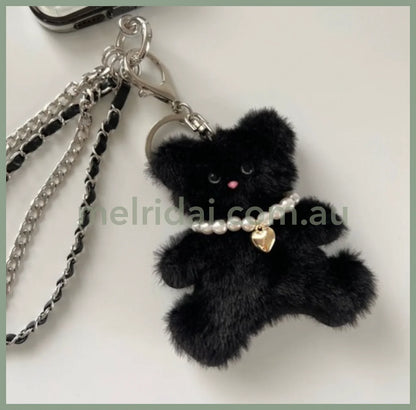 Me% | Stuffed Toy Charm 9.8×8.5Cm 日本毛绒小熊/金属爱心珍珠项链 扁扁小熊挂件/包挂/钥匙链 Black