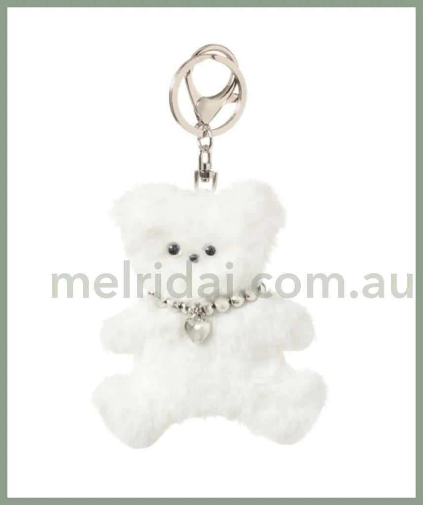 Me% | Stuffed Toy Charm 9.8×8.5Cm 日本毛绒小熊/金属爱心珍珠项链 扁扁小熊挂件/包挂/钥匙链 White