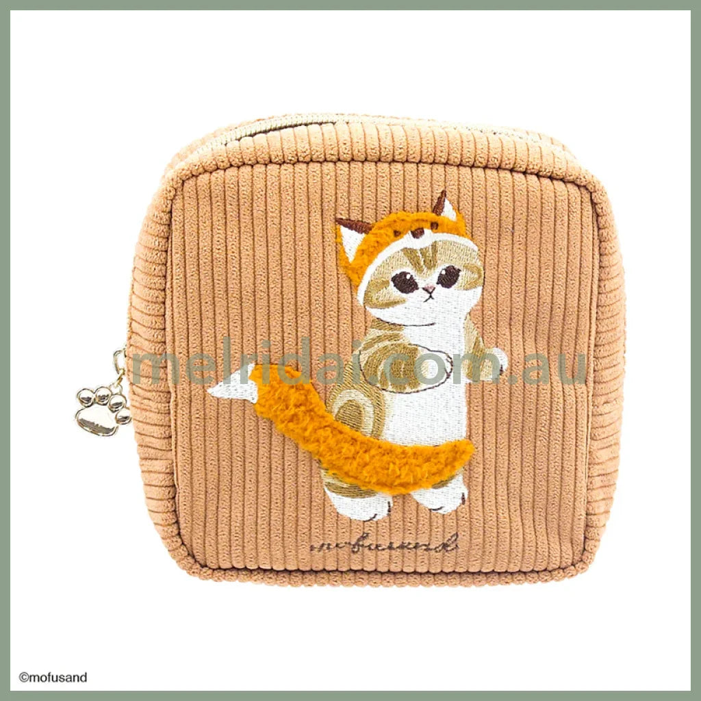 Mofusand | Fluffy Embroidered Cosmetic Pouch H140×W140×D60Mm 猫福 毛绒刺绣 化妆包/收纳包 猫爪拉链 Brown (Fox)