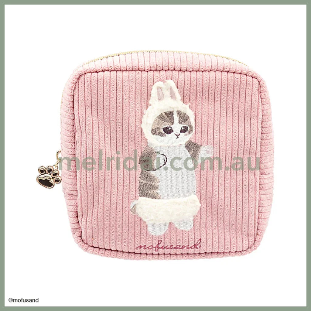 Mofusand | Fluffy Embroidered Cosmetic Pouch H140×W140×D60Mm 猫福 毛绒刺绣 化妆包/收纳包 猫爪拉链 Pink (Rabbit)