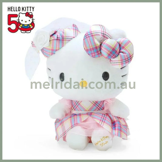 Sanrio | Hello Kitty Plush Doll 18×11×21Cm (50 Anniversary) 日本三丽鸥 凯蒂猫 毛绒玩偶/公仔 (50周年苏格兰少女格纹系列)