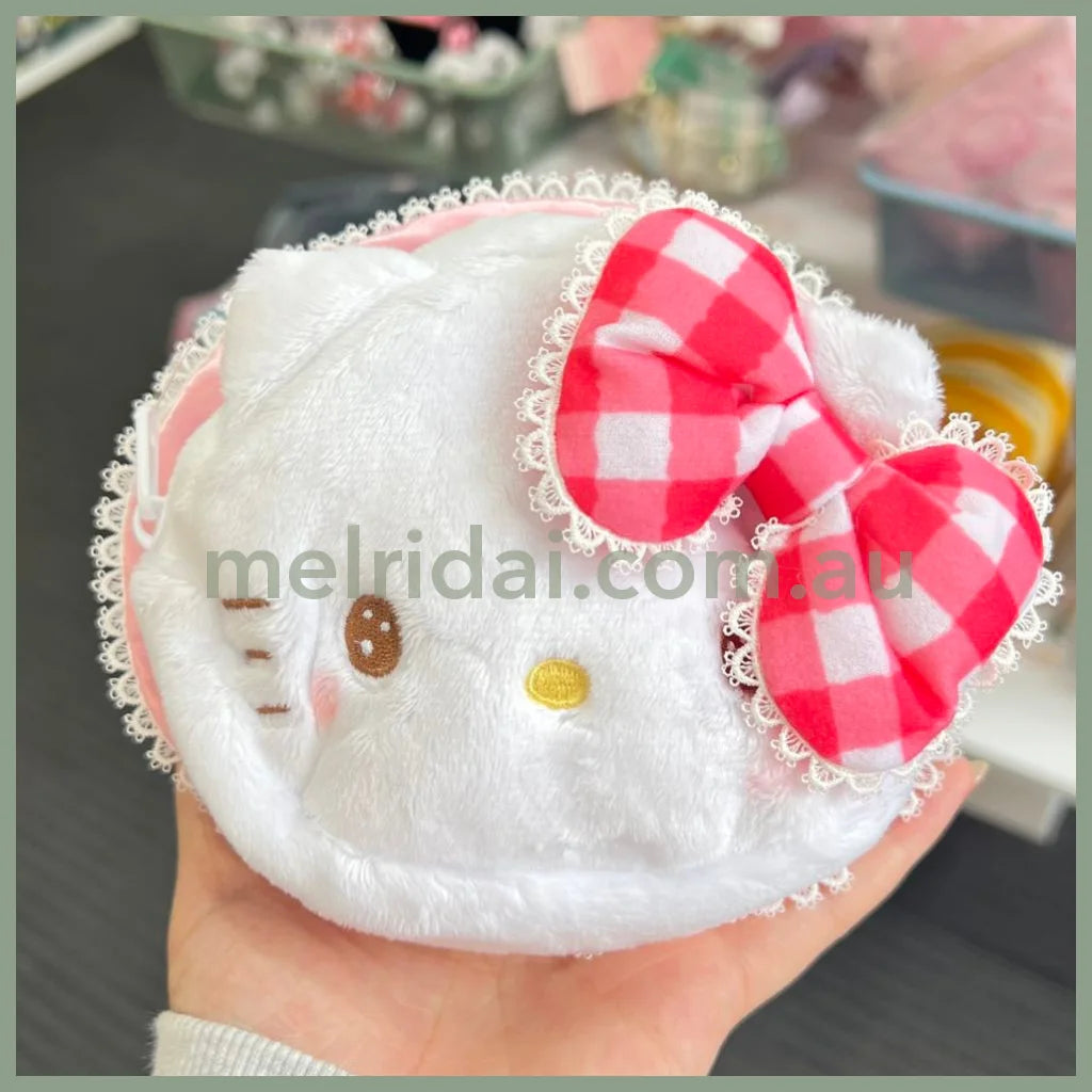 Sanrio | Plush Face Pouch Hello Kitty (Kt50Th) 16 X 14 6Cm 日本三丽鸥 凯蒂猫 大脸造型收纳包/手拿包/零钱包 红白格蝴蝶结（50周年）