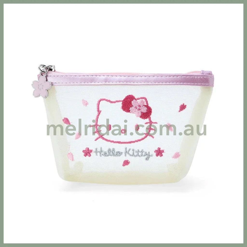 Sanrio | Pochette Mesh Pouch 5 X 15 9 Cm (Sakura Series) 日本三丽鸥 刺绣透明网纱零钱包/小包/收纳包（樱花系列）