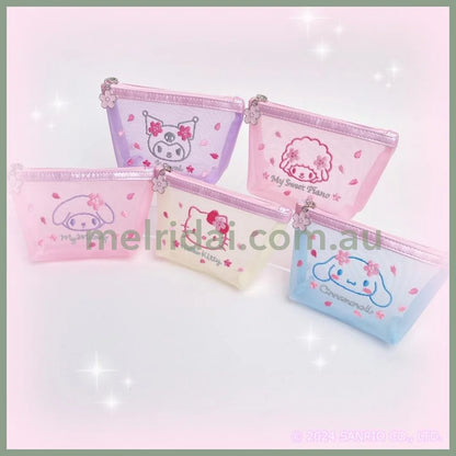 Sanrio | Pochette Mesh Pouch 5 X 15 9 Cm (Sakura Series) 日本三丽鸥 刺绣透明网纱零钱包/小包/收纳包（樱花系列）