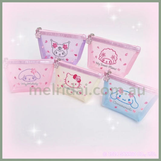 Sanrio | Pochette Mesh Pouch 5 X 15 9 Cm (Sakura Series) 日本三丽鸥 刺绣透明网纱零钱包/小包/收纳包（樱花系列）