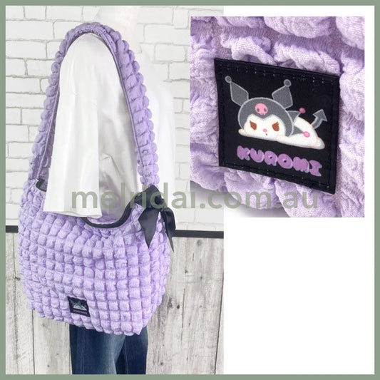 Sanrio | Quilted Crossbody W43×H30×D10Cm (Kuromi) 日本三丽鸥 大号拉链云朵包/单肩包/肩带可微调节/内衬印花（库洛米）