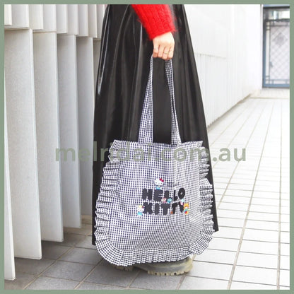 Sanrio X Accomode | Hello Kitty Frill Tote Bag 35Cm×34Cm 日本三丽鸥 凯蒂猫50周年合作款 限量款 褶边刺绣托特包/单肩包 黑白格 Black